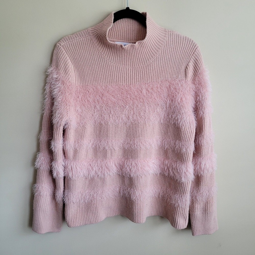 Calvin Klein Womens Sweater Size Medium Blush Pink Eyelash Stripes Barbiecore